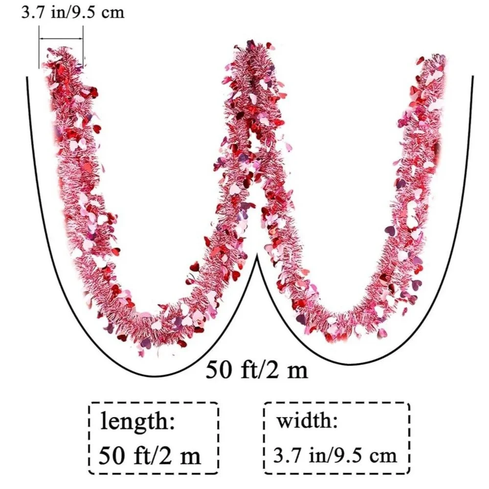 Valentines Garland Decor,50Ft Glitter Tinsel Heart Garland Decorations